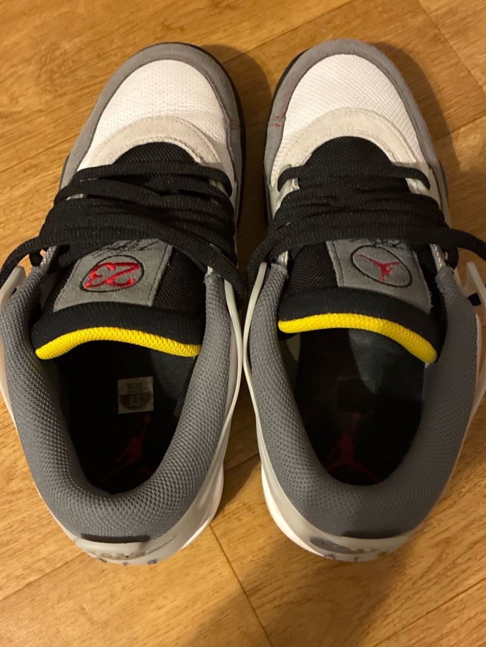 Jordan Men's Athletic Sneakers in White, Gray, Black with Red and Yellow Accents - Picture 4 of 5